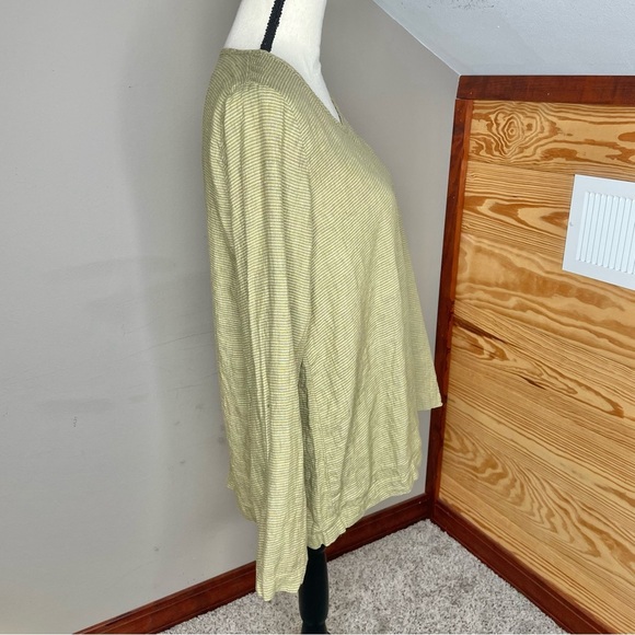 Flax 100% Linen Green Striped Long Sleeve Round Neck Top Blouse Small - Picture 2 of 9